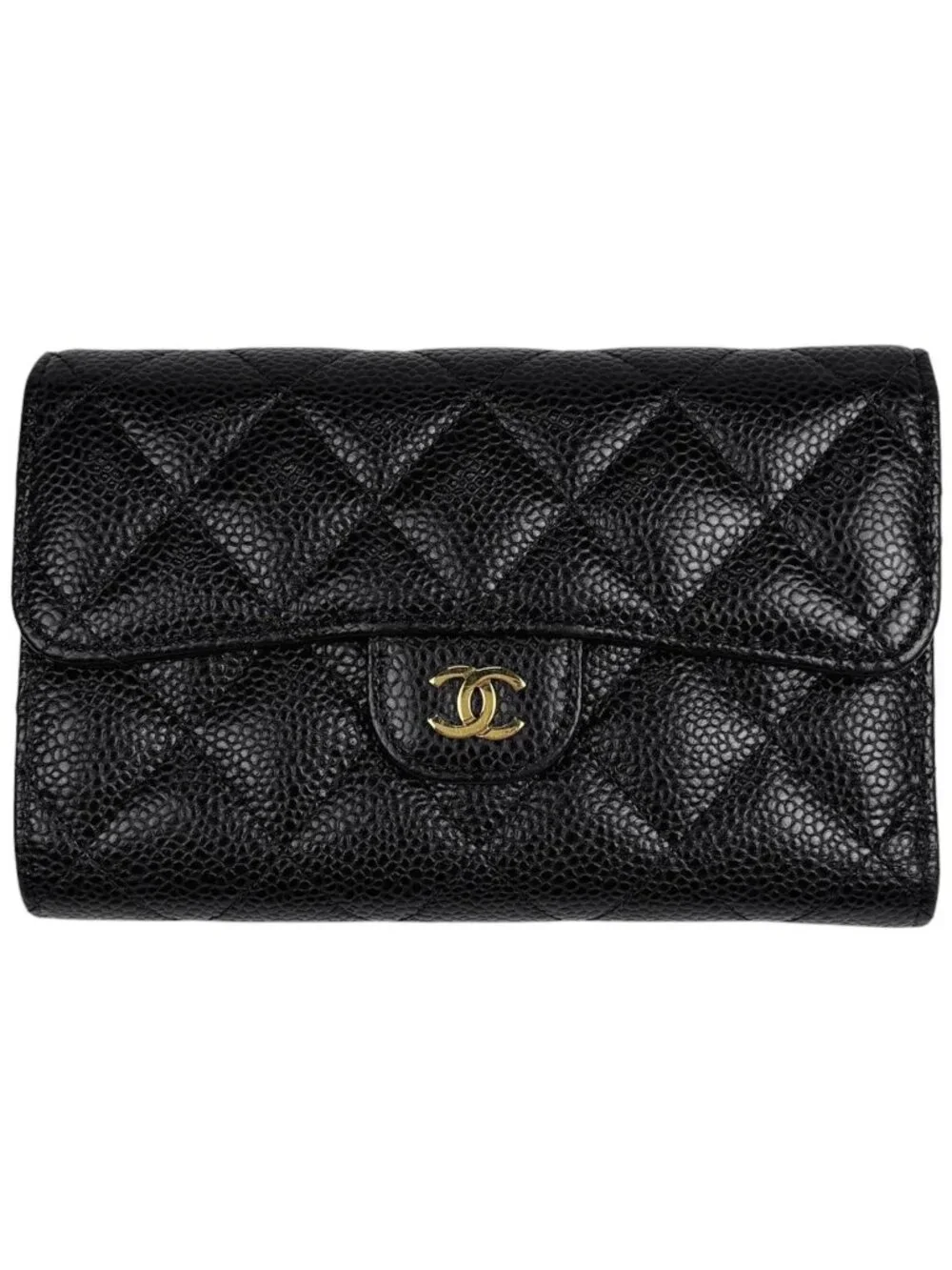 Chanel Trifold Wallet CC Logo Caviar Leather Black